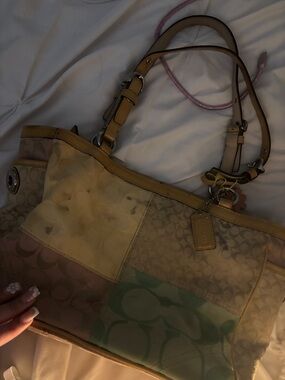 Coach Patchwork Signature Shoulder Bag in Beige, Pink, Yellow & Green